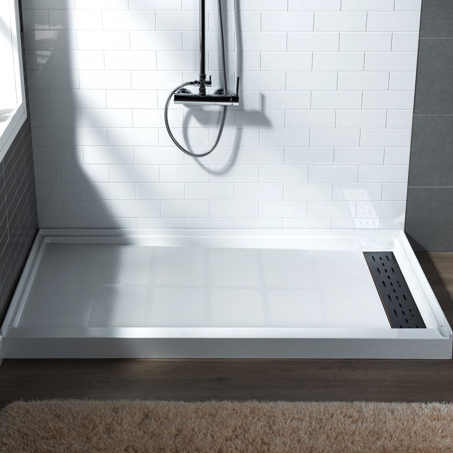 WoodBridge 48" x 32" White Solid Surface Shower Base Right Drain Location With Oil Rubbed Bronze Trench Drain Cover