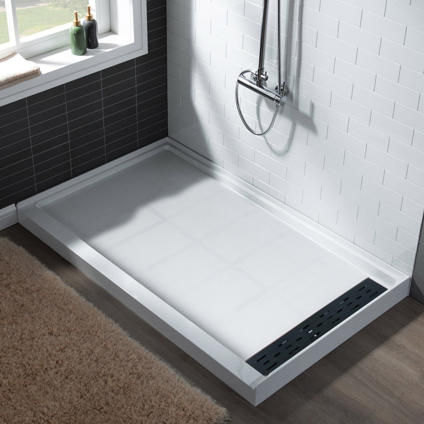 WoodBridge 48" x 32" White Solid Surface Shower Base Right Drain Location With Oil Rubbed Bronze Trench Drain Cover