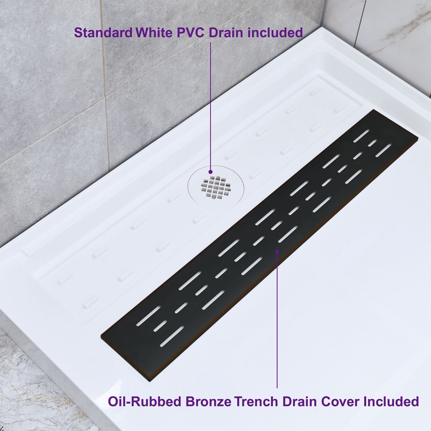 WoodBridge 48" x 32" White Solid Surface Shower Base Right Drain Location With Oil Rubbed Bronze Trench Drain Cover