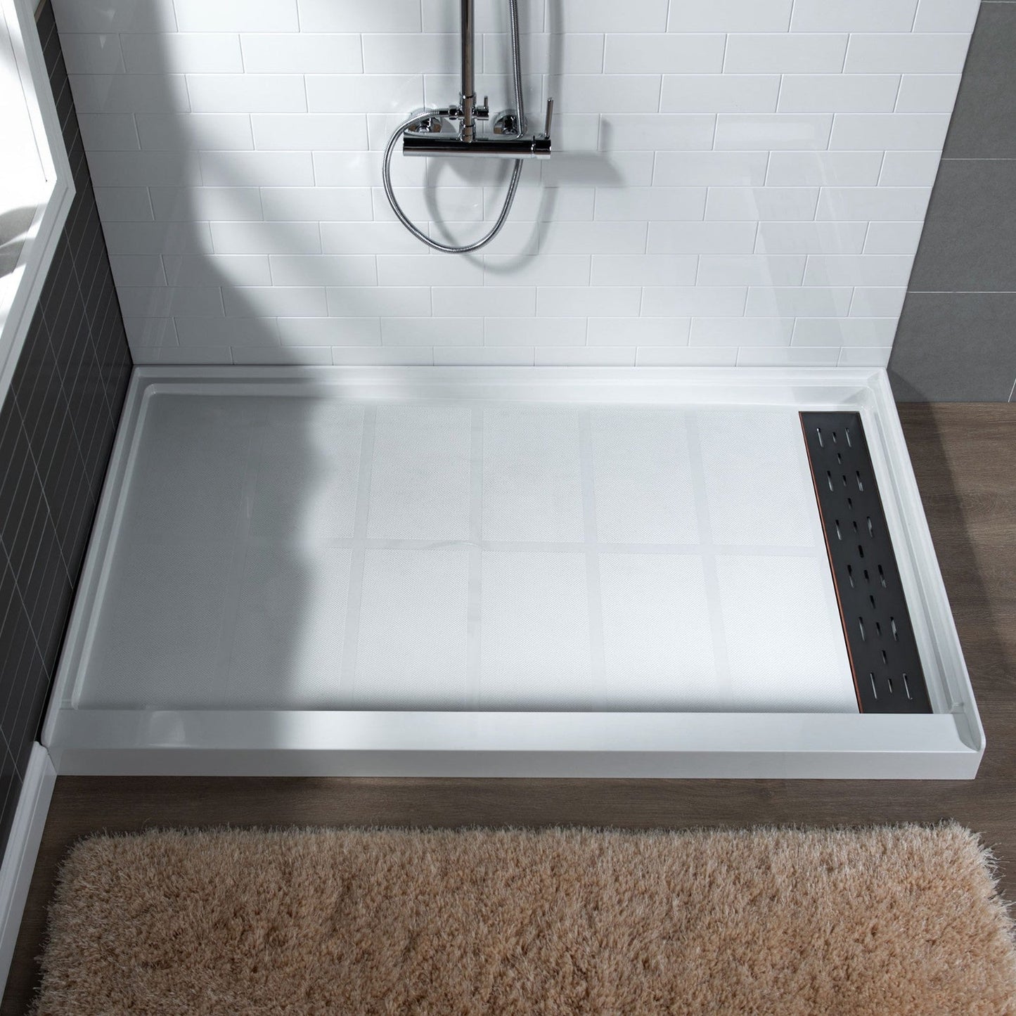 WoodBridge 48" x 32" White Solid Surface Shower Base Right Drain Location With Oil Rubbed Bronze Trench Drain Cover