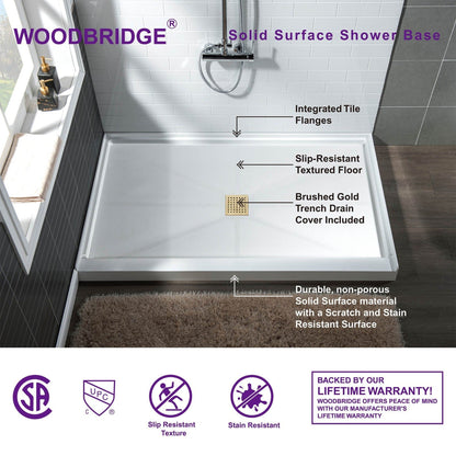 WoodBridge 48" x 36" White Solid Surface Center Drain Location Brushed Gold Trench Cover Shower Base With MBSDC4876-BG Shower Door and SWP603696-3-SB-M Matte White Vertical Pattern 3-Panel Shower Wall Kit