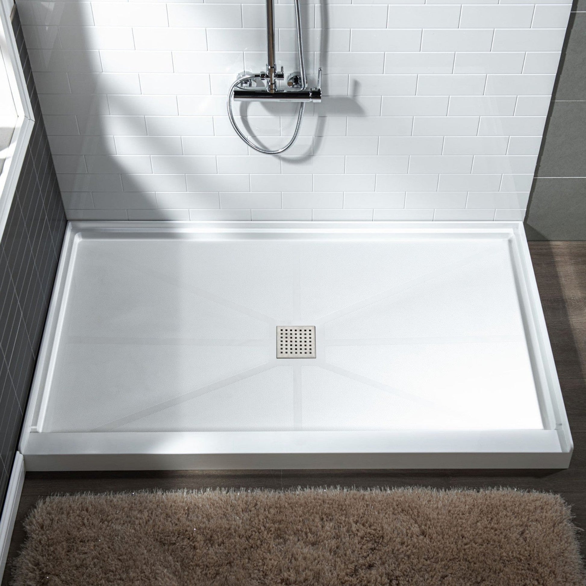 WoodBridge 48" x 36" White Solid Surface Center Drain Location Brushed Nickel Trench Cover Shower Base With MBSDC4876-B Shower Door and SWP603296-2-SU-H Matte Gray Vertical Pattern 3-Panel Shower Wall Kit