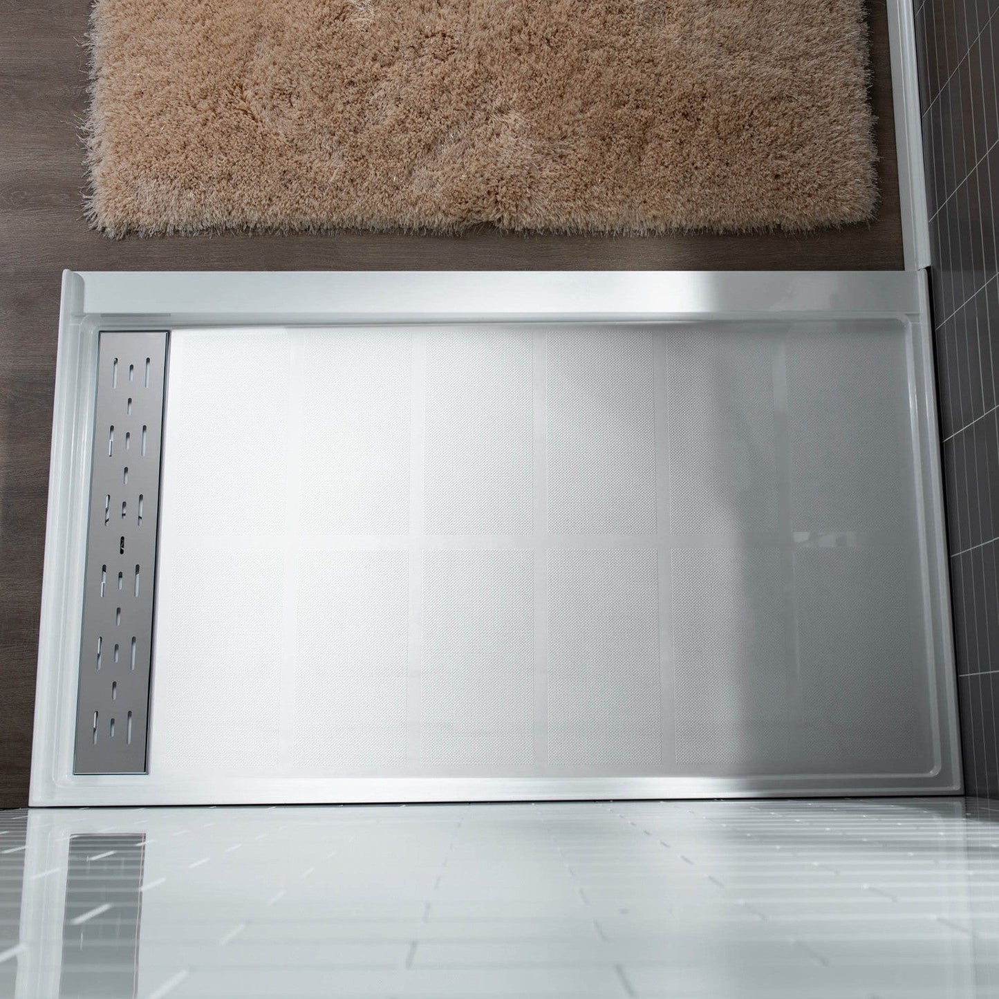 WoodBridge 48" x 36" White Solid Surface Left Drain Location Chrome Trench Cover Shower Base With MBSDC4876-C Shower Door and SWP603696-1-SU-H White High Gloss Vertical Pattern 3-Panel Shower Wall Kit