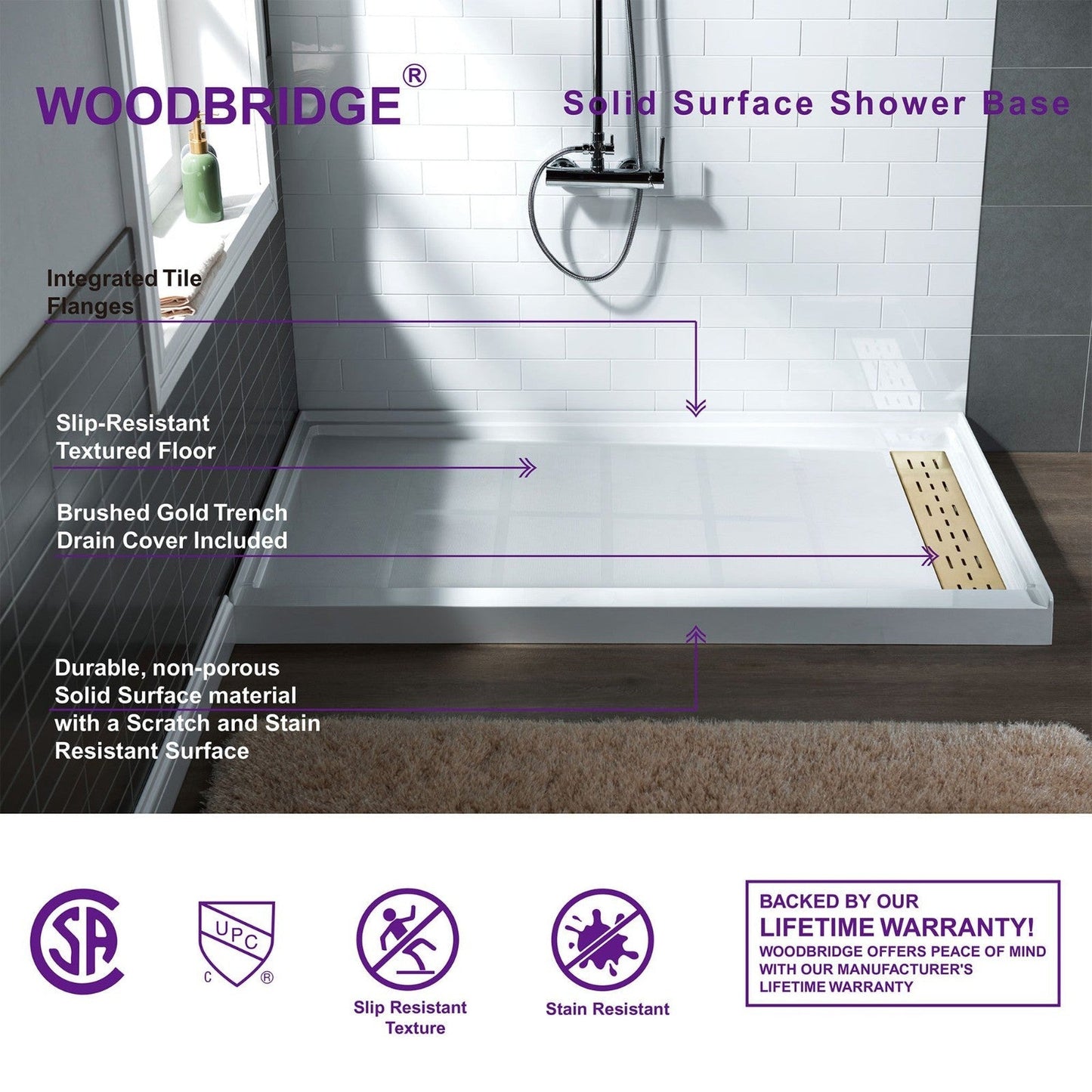 WoodBridge 48" x 36" White Solid Surface Right Drain Location Brushed Gold Trench Cover Shower Base With MBSDC4876-BG Shower Door and SWP603296-2-SU-H Matte Gray Vertical Pattern 3-Panel Shower Wall Kit