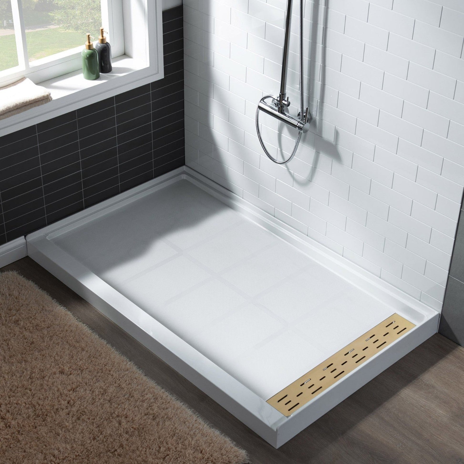 WoodBridge 48" x 36" White Solid Surface Right Drain Location Brushed Gold Trench Cover Shower Base With MBSDC4876-BG Shower Door and SWP603296-3-SB-M Matte White Vertical Pattern 3-Panel Shower Wall Kit