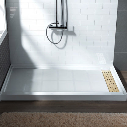 WoodBridge 48" x 36" White Solid Surface Right Drain Location Brushed Gold Trench Cover Shower Base With MBSDC4876-BG Shower Door and SWP603696-2-SU-H Matte Gray Vertical Pattern 3-Panel Shower Wall Kit