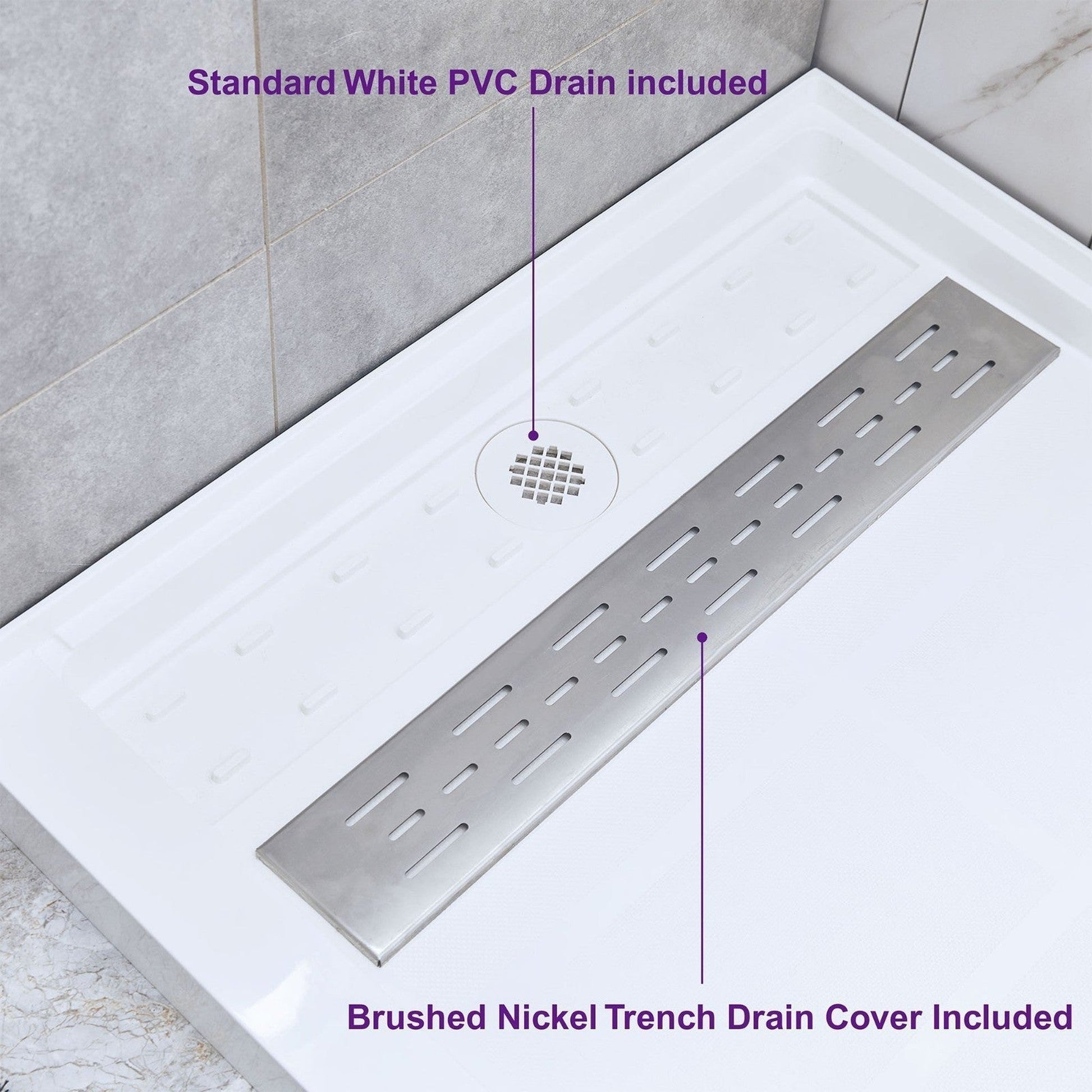 WoodBridge 48" x 36" White Solid Surface Right Drain Location Brushed Nickel Trench Cover Shower Base With MBSDC4876-B Shower Door and SWP603296-2-SU-H Matte Gray Vertical Pattern 3-Panel Shower Wall Kit