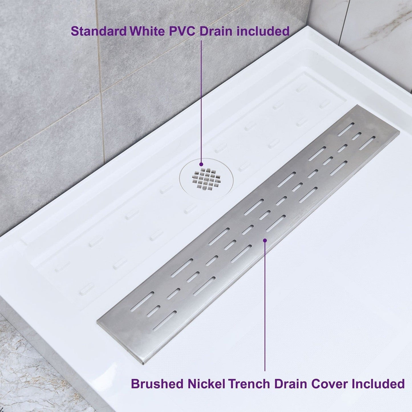 WoodBridge 48" x 36" White Solid Surface Right Drain Location Brushed Nickel Trench Cover Shower Base With MBSDC4876-B Shower Door and SWP603696-2-SU-H Matte Gray Vertical Pattern 3-Panel Shower Wall Kit