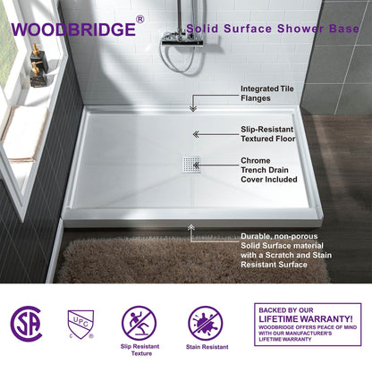 WoodBridge 48" x 36" White Solid Surface Shower Base Center Drain Location With Chrome Trench Drain Cover