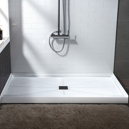 WoodBridge 48" x 36" White Solid Surface Shower Base Center Drain Location With Oil Rubbed Bronze Trench Drain Cover