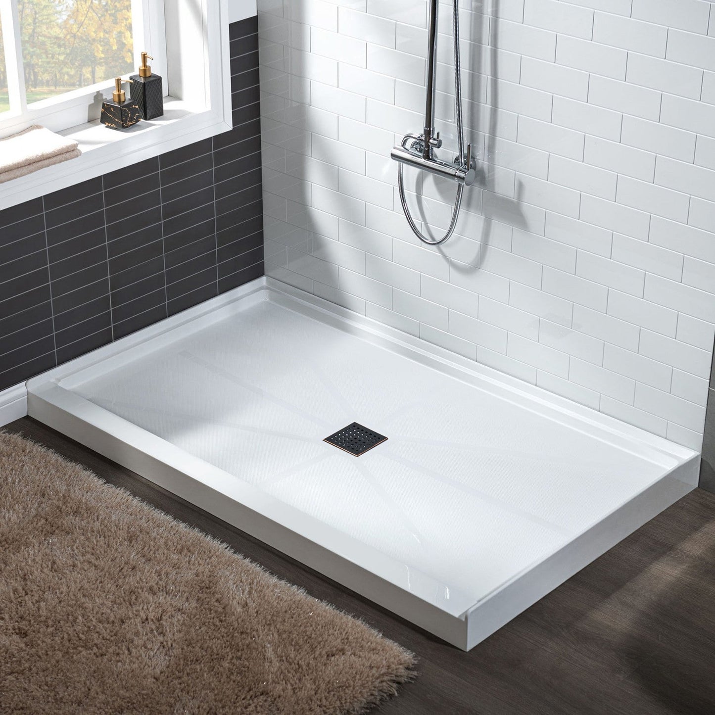 WoodBridge 48" x 36" White Solid Surface Shower Base Center Drain Location With Oil Rubbed Bronze Trench Drain Cover