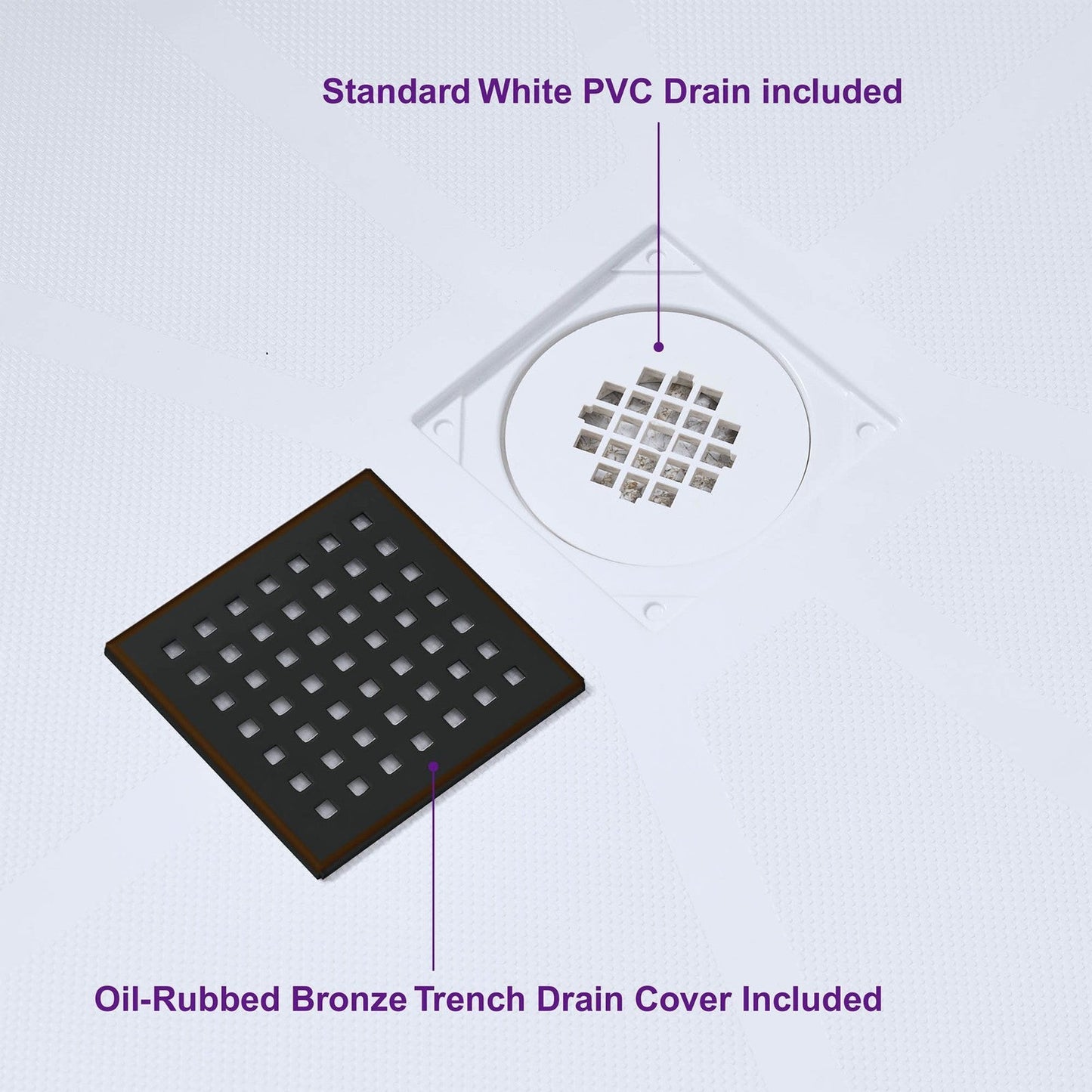 WoodBridge 48" x 36" White Solid Surface Shower Base Center Drain Location With Oil Rubbed Bronze Trench Drain Cover