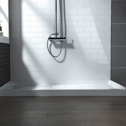 WoodBridge 48" x 36" White Solid Surface Shower Base Left Drain Location With Chrome Trench Drain Cover