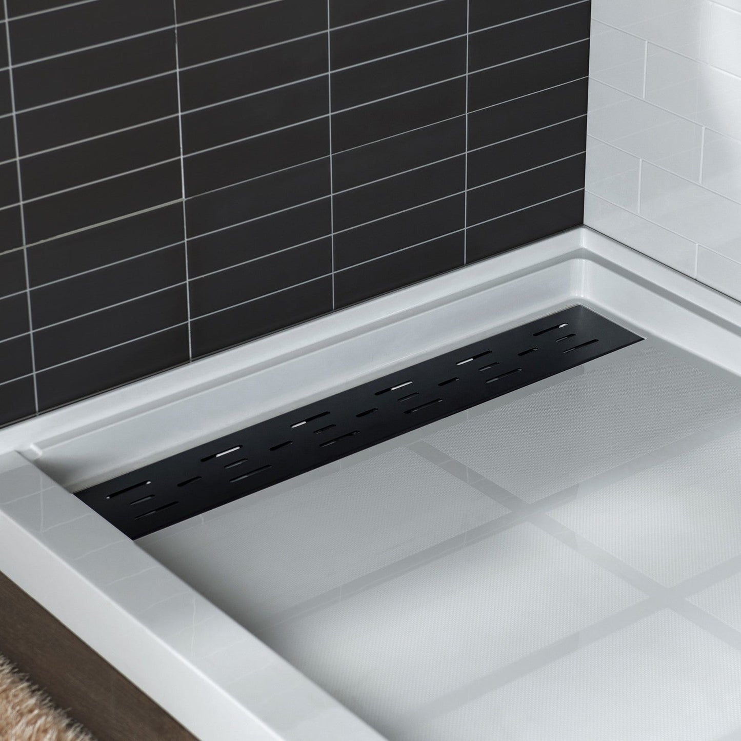 WoodBridge 48" x 36" White Solid Surface Shower Base Left Drain Location With Matte Black Trench Drain Cover