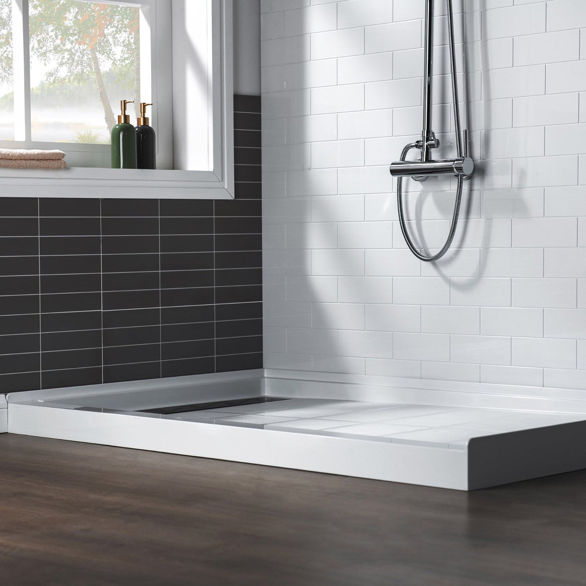 WoodBridge 48" x 36" White Solid Surface Shower Base Left Drain Location With Matte Black Trench Drain Cover