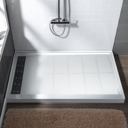 WoodBridge 48" x 36" White Solid Surface Shower Base Left Drain Location With Matte Black Trench Drain Cover