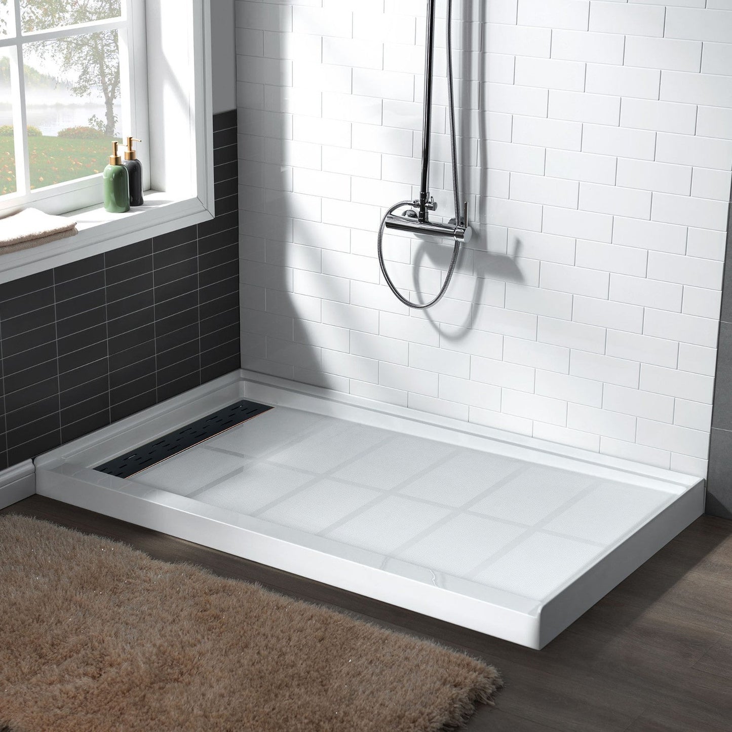 WoodBridge 48" x 36" White Solid Surface Shower Base Left Drain Location With Oil Rubbed Bronze Trench Drain Cover