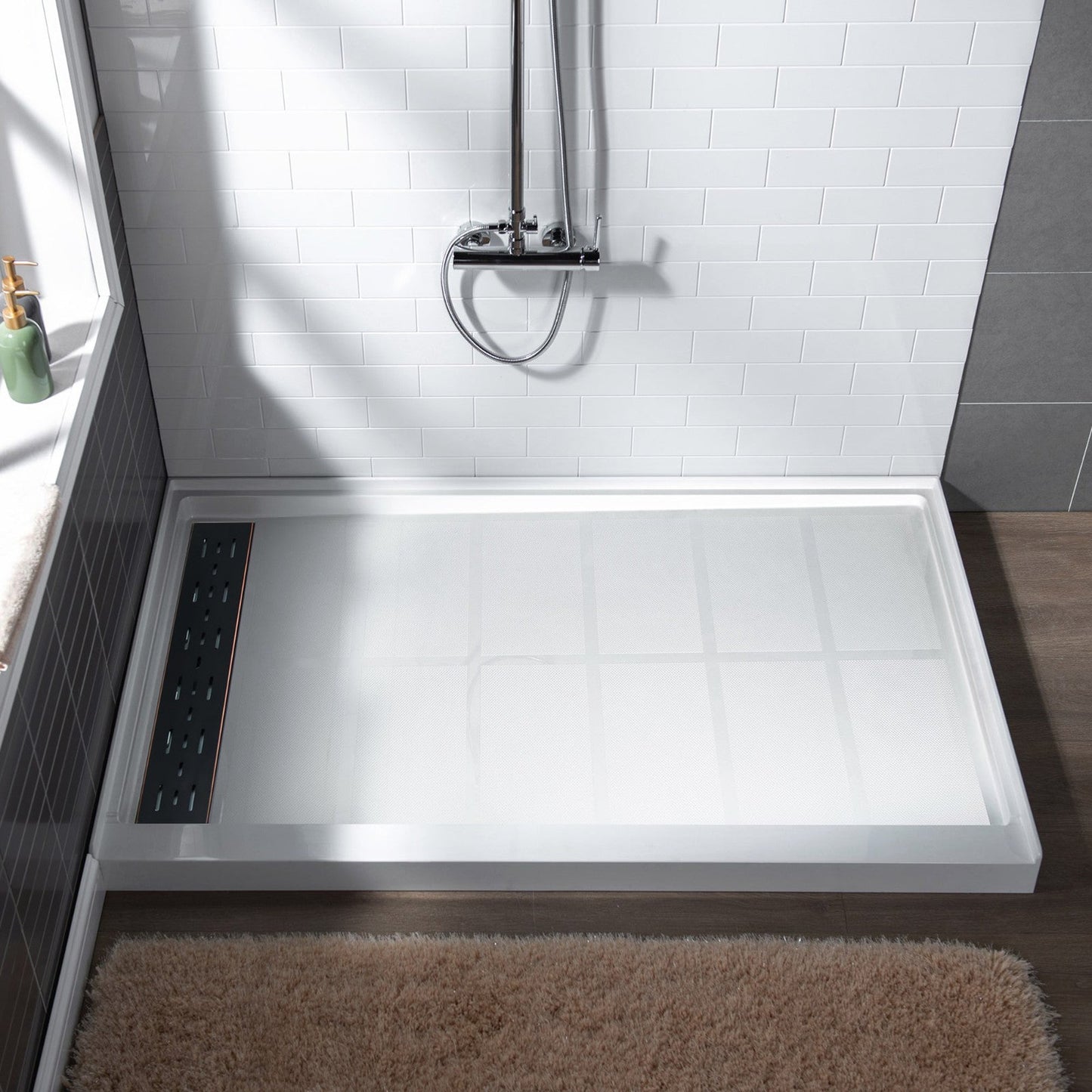 WoodBridge 48" x 36" White Solid Surface Shower Base Left Drain Location With Oil Rubbed Bronze Trench Drain Cover