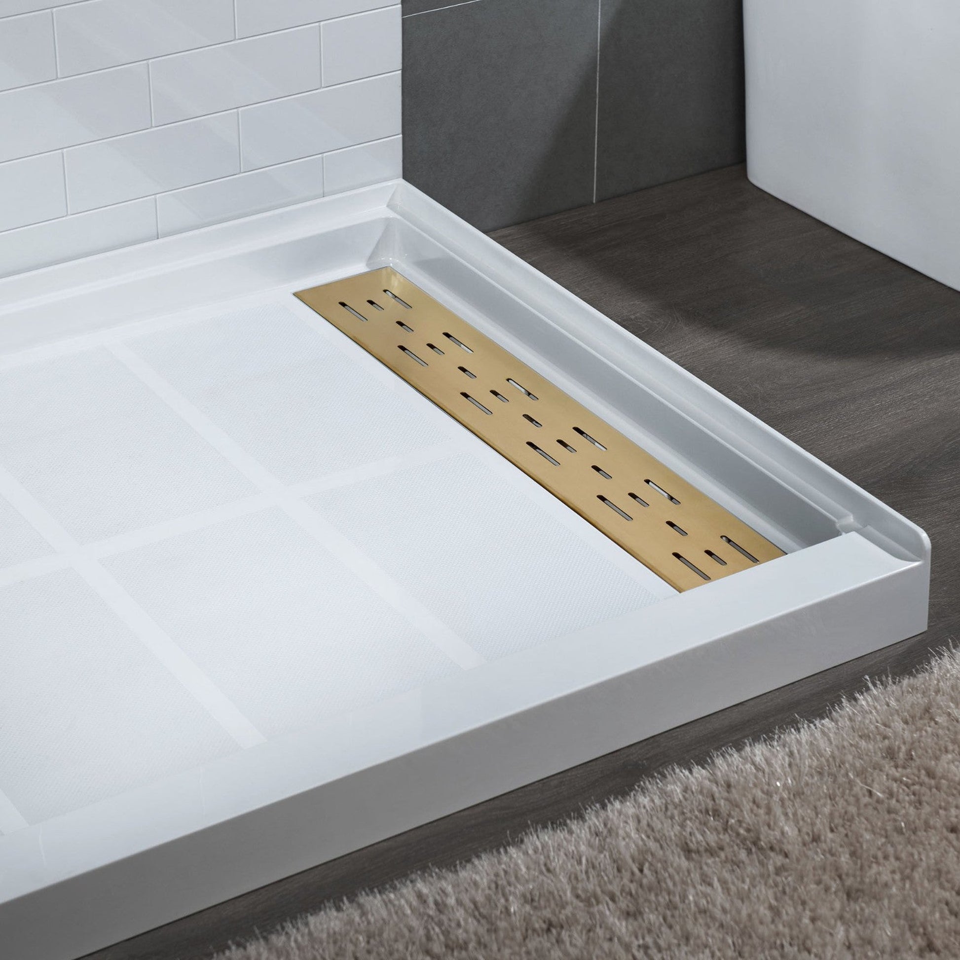 WoodBridge 48" x 36" White Solid Surface Shower Base Right Drain Location With Brushed Gold Trench Drain Cover