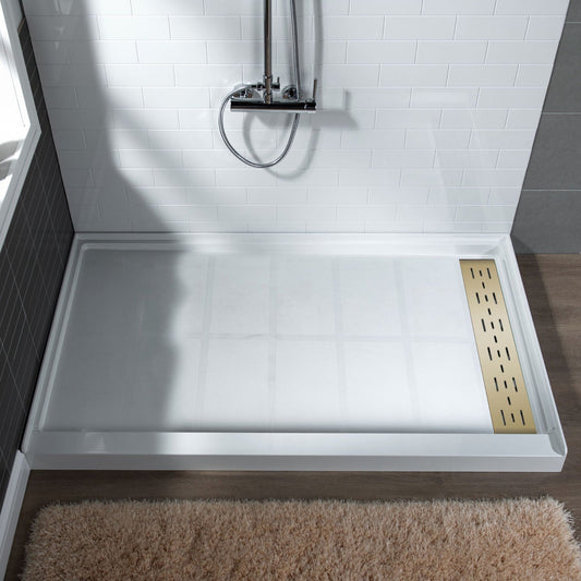 WoodBridge 48" x 36" White Solid Surface Shower Base Right Drain Location With Brushed Gold Trench Drain Cover