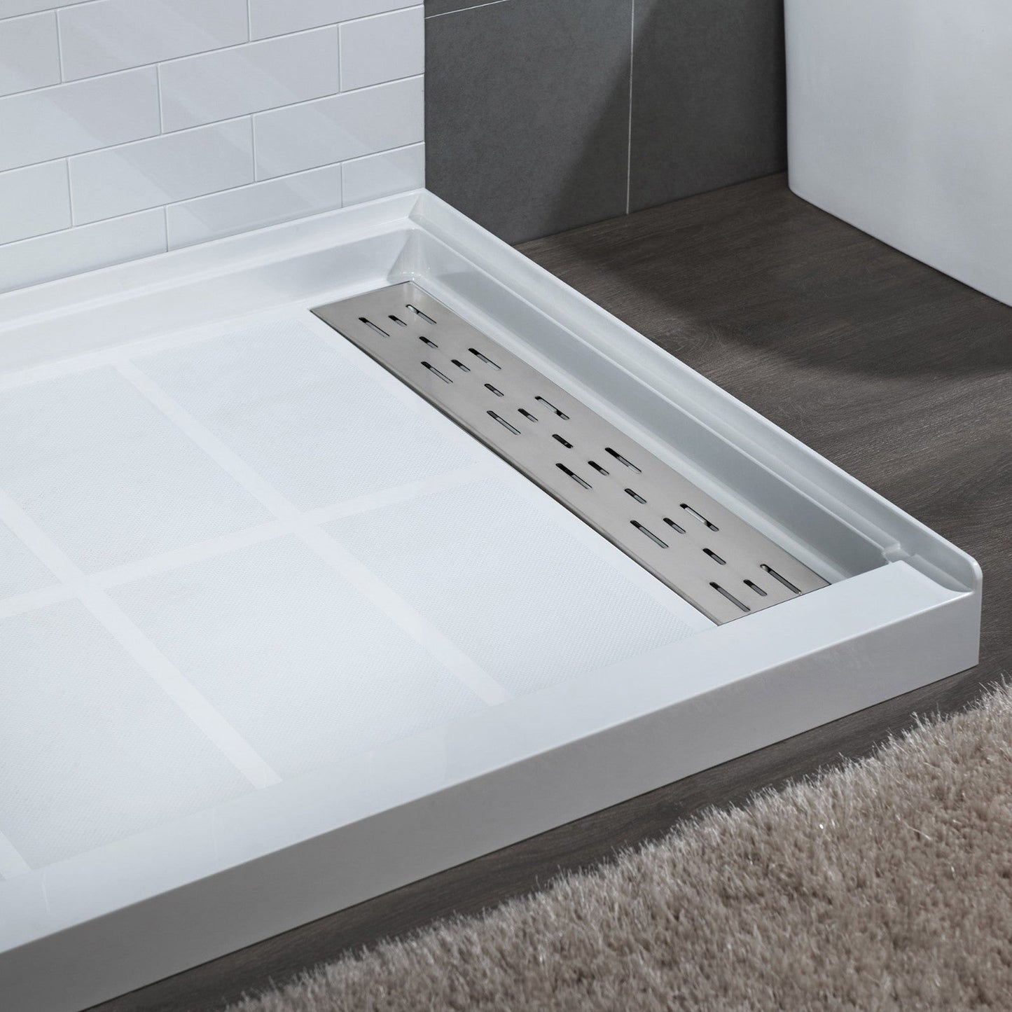 WoodBridge 48" x 36" White Solid Surface Shower Base Right Drain Location With Brushed Nickel Trench Drain Cover