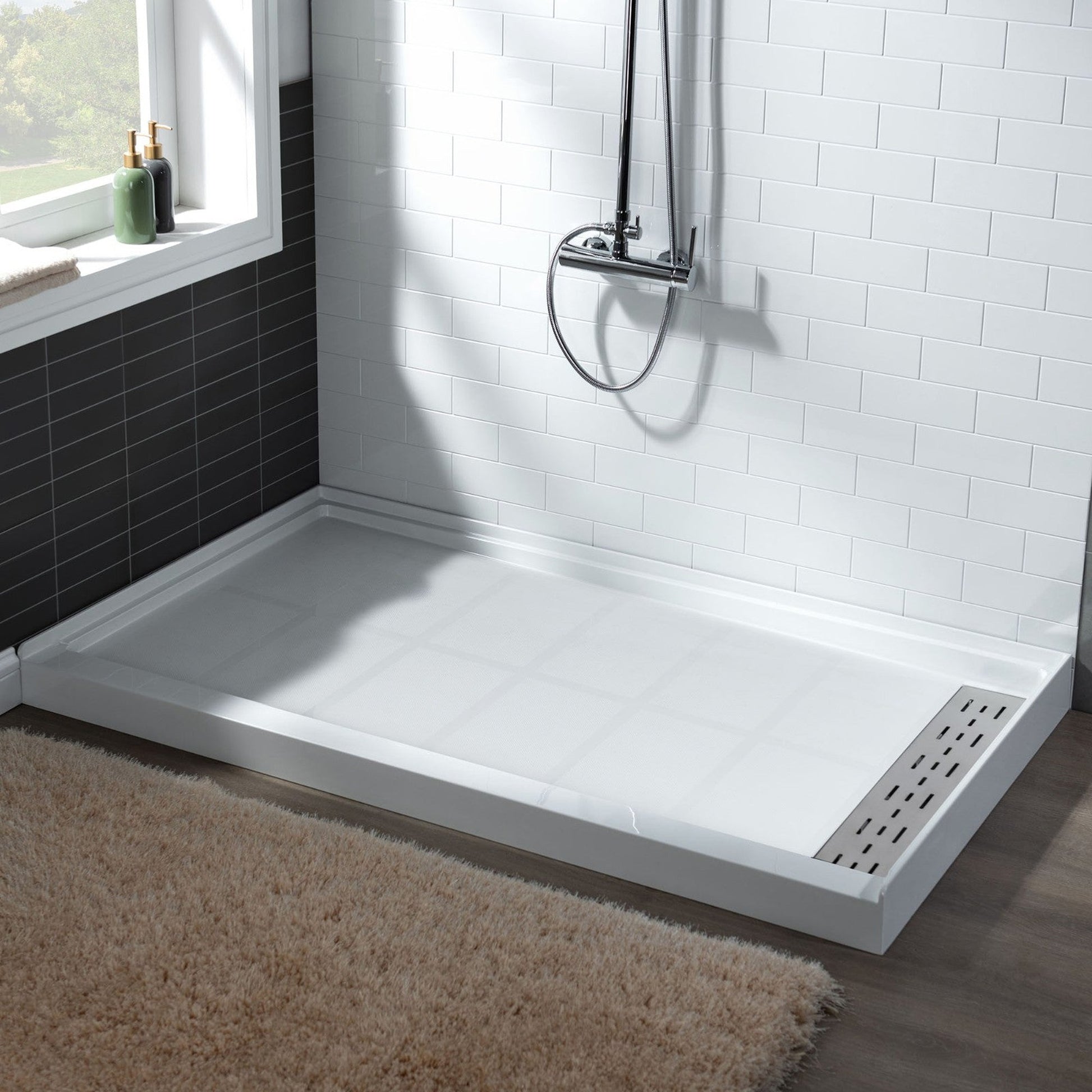 WoodBridge 48" x 36" White Solid Surface Shower Base Right Drain Location With Brushed Nickel Trench Drain Cover