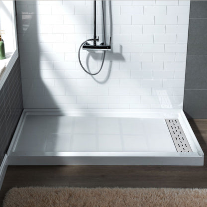 WoodBridge 48" x 36" White Solid Surface Shower Base Right Drain Location With Brushed Nickel Trench Drain Cover