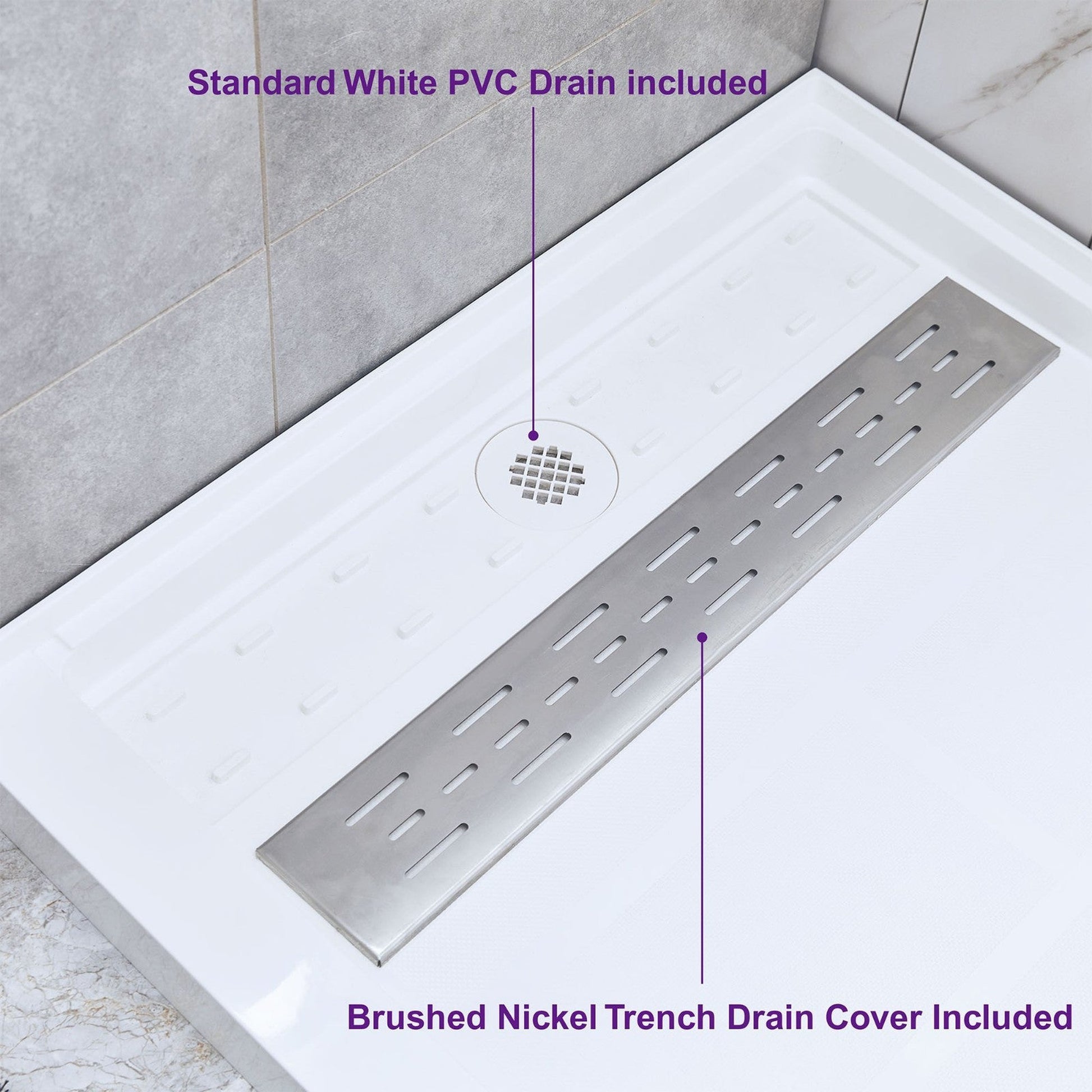 WoodBridge 48" x 36" White Solid Surface Shower Base Right Drain Location With Brushed Nickel Trench Drain Cover