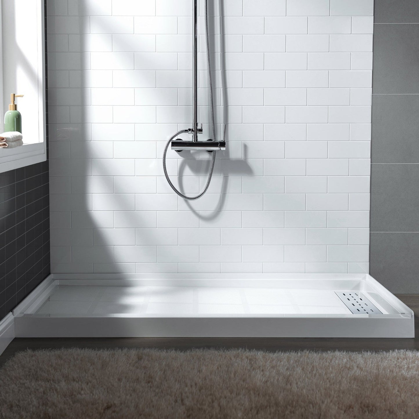WoodBridge 48" x 36" White Solid Surface Shower Base Right Drain Location With Chrome Trench Drain Cover