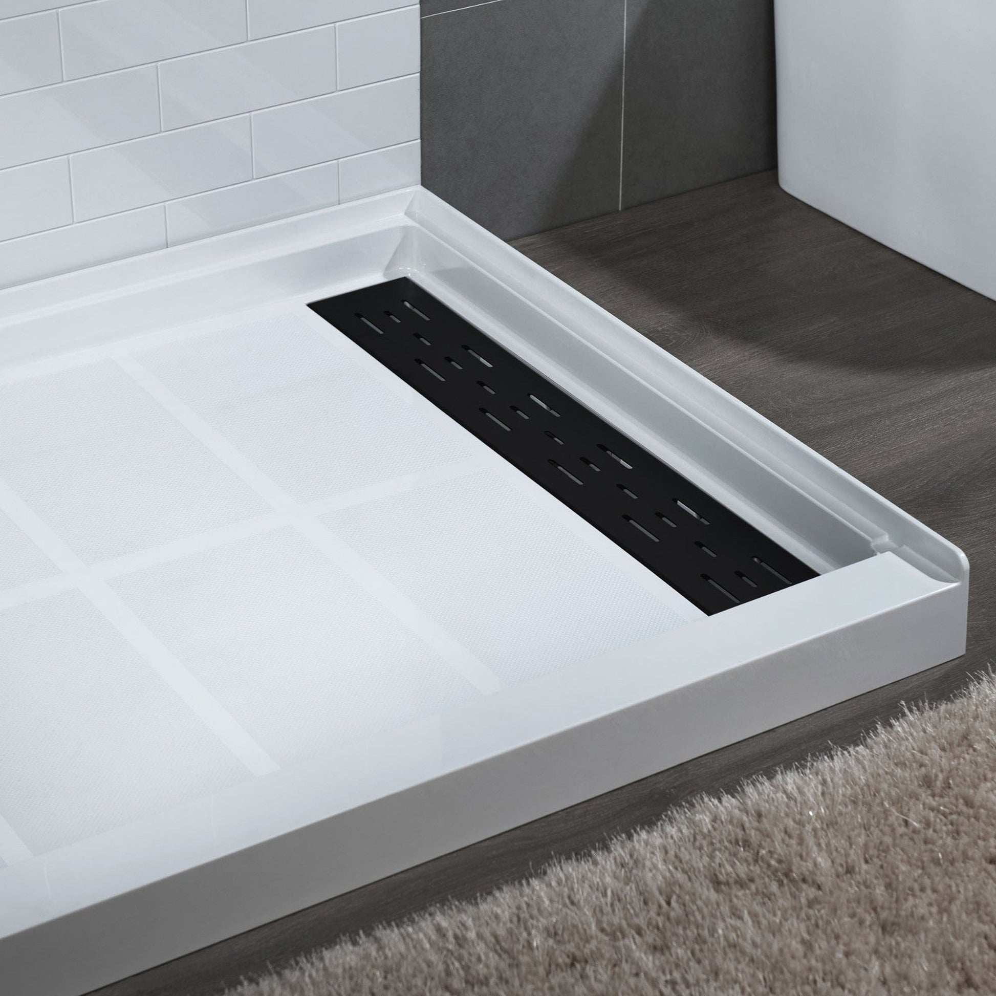 WoodBridge 48" x 36" White Solid Surface Shower Base Right Drain Location With Matte Black Trench Drain Cover