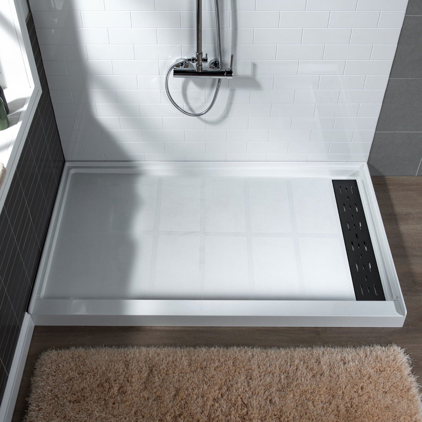 WoodBridge 48" x 36" White Solid Surface Shower Base Right Drain Location With Matte Black Trench Drain Cover