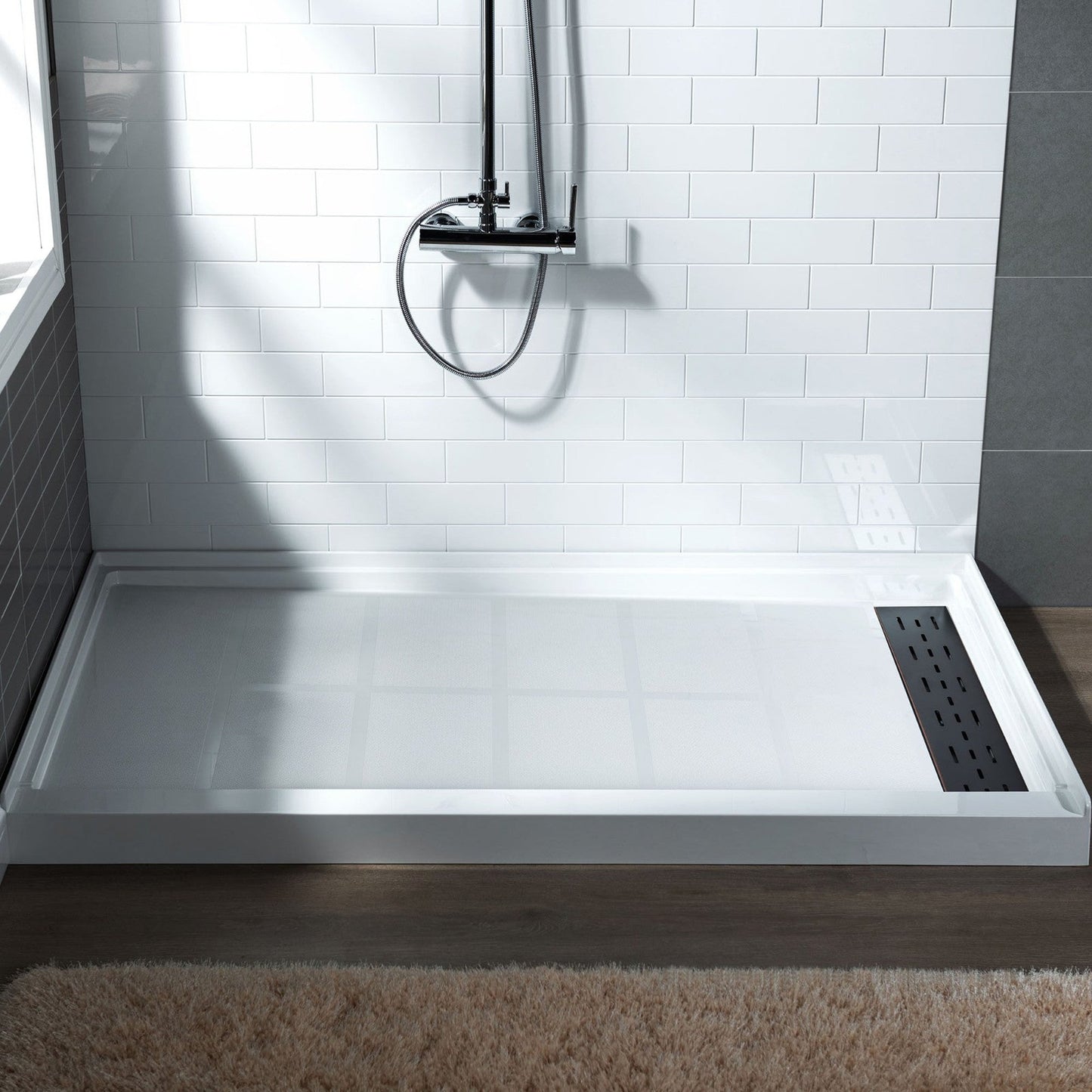 WoodBridge 48" x 36" White Solid Surface Shower Base Right Drain Location With Oil Rubbed Bronze Trench Drain Cover