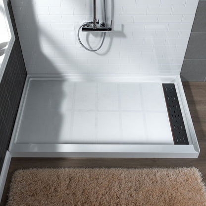 WoodBridge 48" x 36" White Solid Surface Shower Base Right Drain Location With Oil Rubbed Bronze Trench Drain Cover