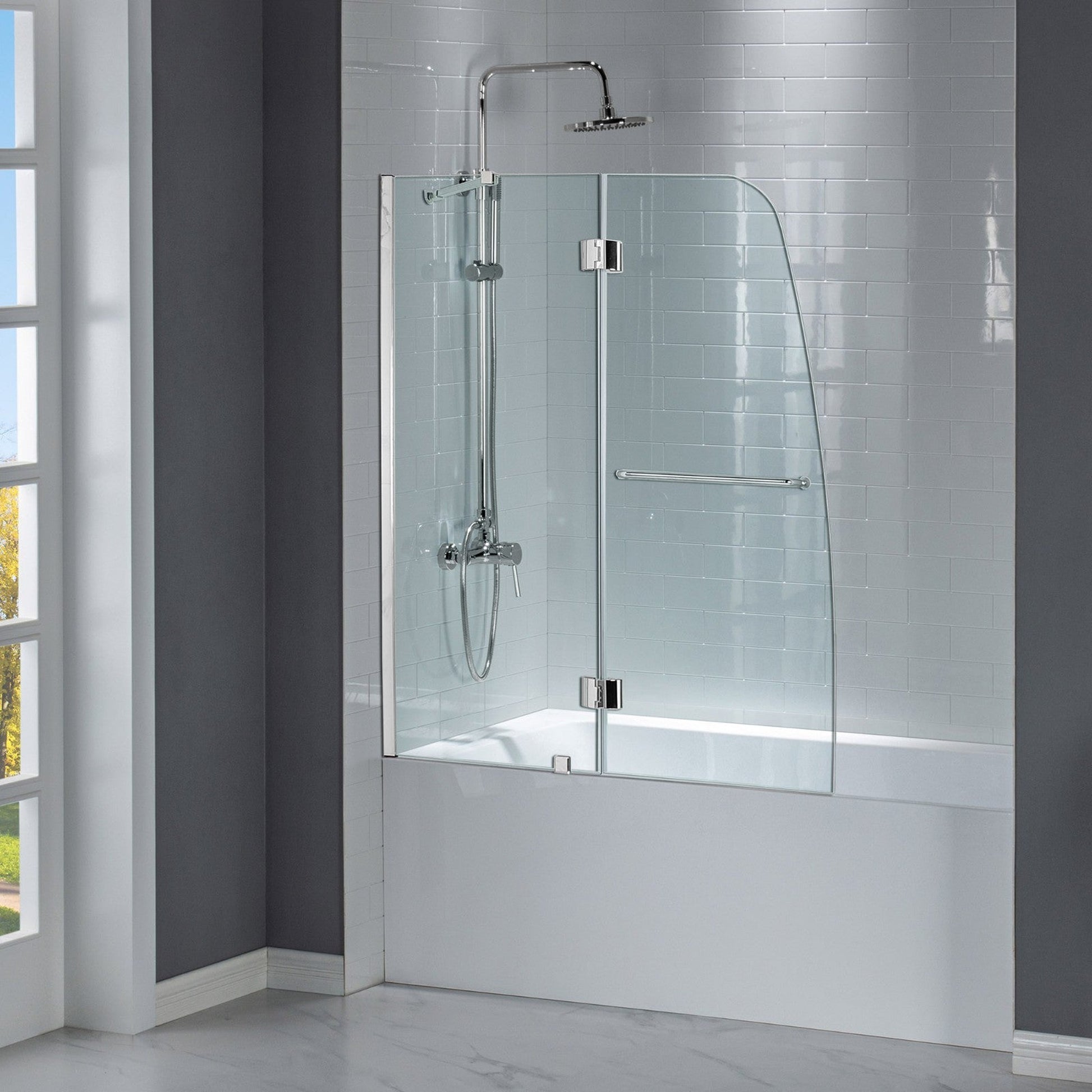 WoodBridge 49" W x 58" H Clear Tempered Glass Frameless Hinged Shower Tub Door With Brushed Nickel Support Bar and Hardware