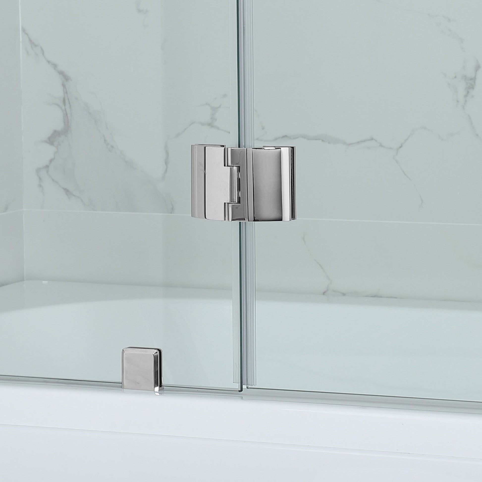 WoodBridge 49" W x 58" H Clear Tempered Glass Frameless Hinged Shower Tub Door With Brushed Nickel Support Bar and Hardware
