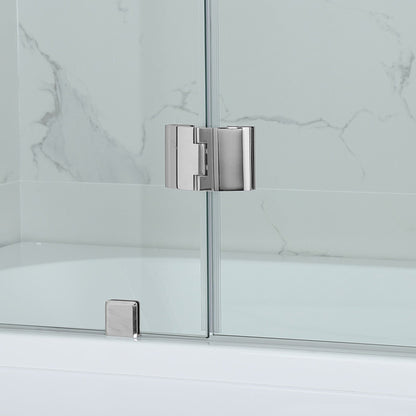 WoodBridge 49" W x 58" H Clear Tempered Glass Frameless Hinged Shower Tub Door With Brushed Nickel Support Bar and Hardware