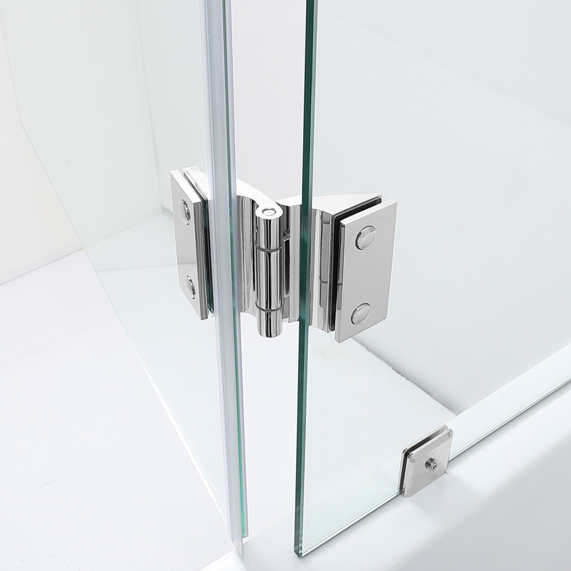 WoodBridge 49" W x 58" H Clear Tempered Glass Frameless Hinged Shower Tub Door With Brushed Nickel Support Bar and Hardware