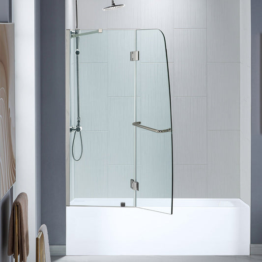 WoodBridge 49" W x 58" H Clear Tempered Glass Frameless Hinged Shower Tub Door With Brushed Nickel Support Bar and Hardware