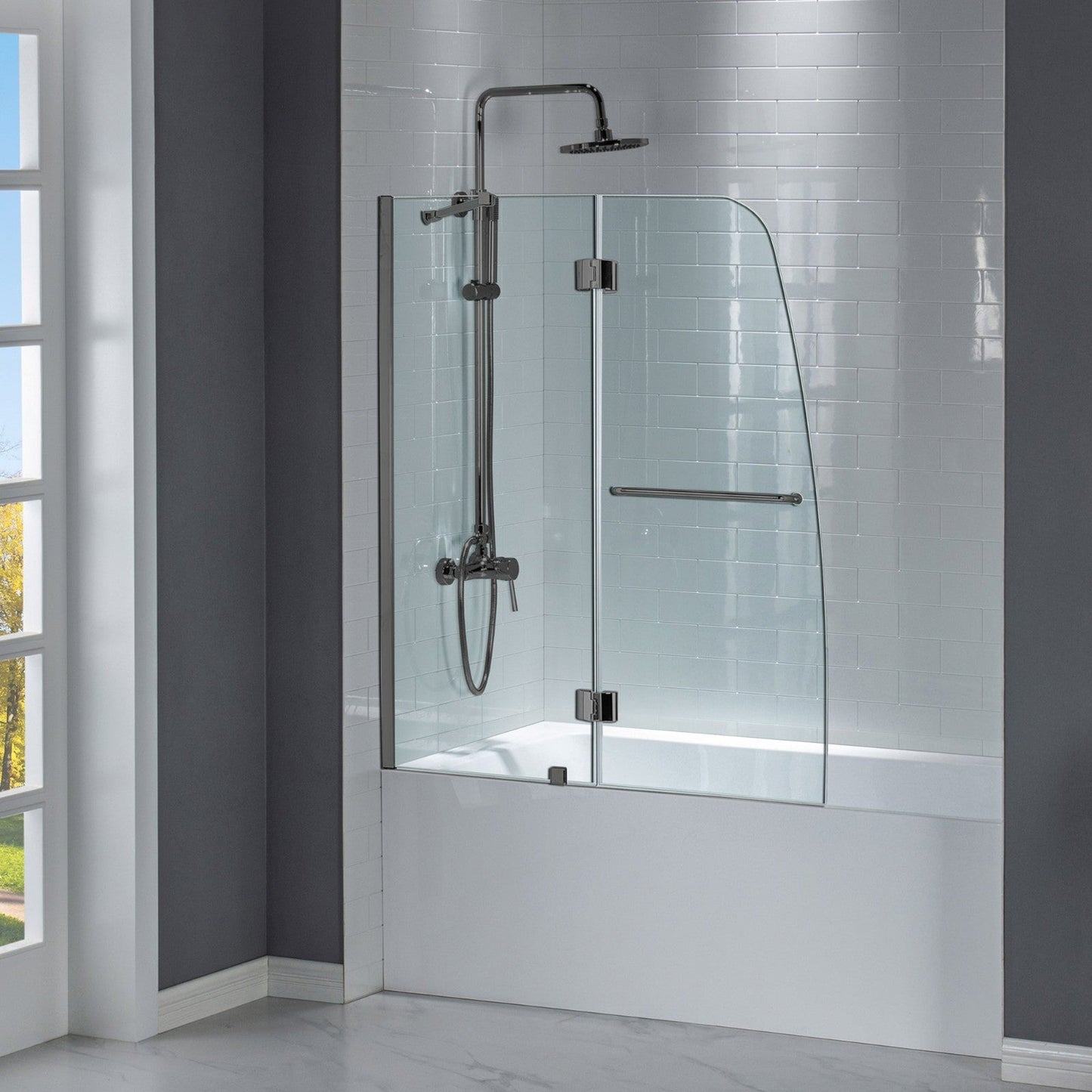 WoodBridge 49" W x 58" H Clear Tempered Glass Frameless Hinged Shower Tub Door With Matte Black Support Bar and Hardware