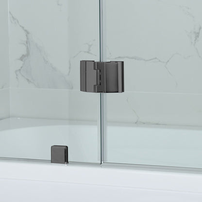 WoodBridge 49" W x 58" H Clear Tempered Glass Frameless Hinged Shower Tub Door With Matte Black Support Bar and Hardware