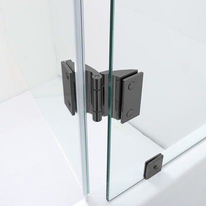 WoodBridge 49" W x 58" H Clear Tempered Glass Frameless Hinged Shower Tub Door With Matte Black Support Bar and Hardware