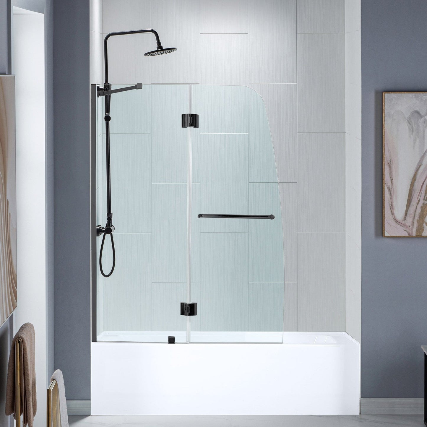 WoodBridge 49" W x 58" H Clear Tempered Glass Frameless Hinged Shower Tub Door With Matte Black Support Bar and Hardware