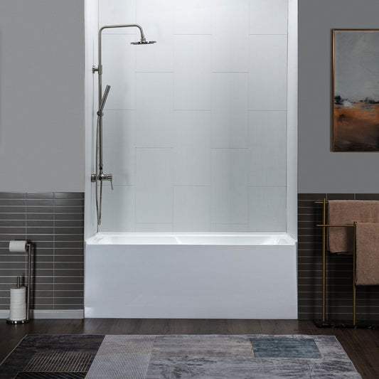 WoodBridge 54" White Acrylic Alcove Rectangular Soaking Bathtub Left Brushed Nickel Pop-up Drain Placement With Clear Tempered Glass Frameless Hinged Shower Tub Door and Matte Gray Staggered Vertical Pattern Shower Wall Kit