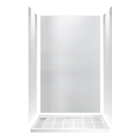 WoodBridge 54" White Acrylic Alcove Rectangular Soaking Bathtub Left Brushed Nickel Pop-up Drain Placement With Clear Tempered Glass Frameless Hinged Shower Tub Door and White High Gloss Staggered Brick Pattern Shower Wall Kit