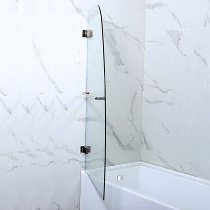 WoodBridge 54" White Acrylic Alcove Rectangular Soaking Bathtub Left Drain Placement With Brushed Gold Pop-up Drain, Matte Gray Staggered Vertical Pattern Wall Kit and Clear Tempered Glass Frameless Hinged Shower Tub Door