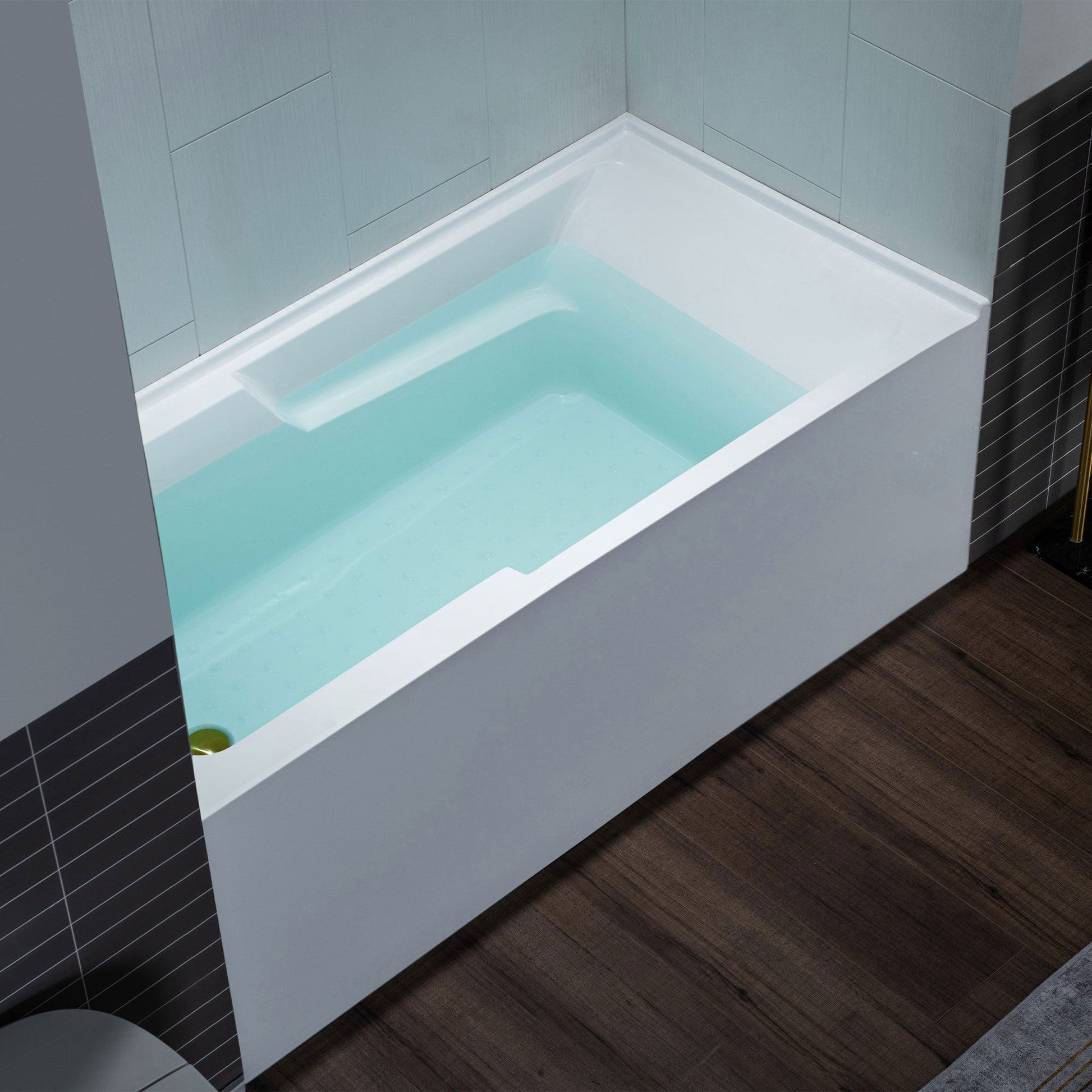 WoodBridge 54" White Acrylic Alcove Rectangular Soaking Bathtub Left Drain Placement With Brushed Gold Pop-up Drain, Matte Gray Staggered Vertical Pattern Wall Kit and Clear Tempered Glass Frameless Hinged Shower Tub Door