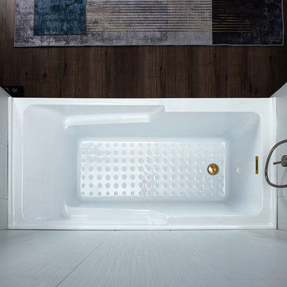 WoodBridge 54" White Acrylic Alcove Rectangular Soaking Bathtub Left Drain Placement With Brushed Gold Pop-up Drain, Matte Gray Staggered Vertical Pattern Wall Kit and Clear Tempered Glass Frameless Hinged Shower Tub Door