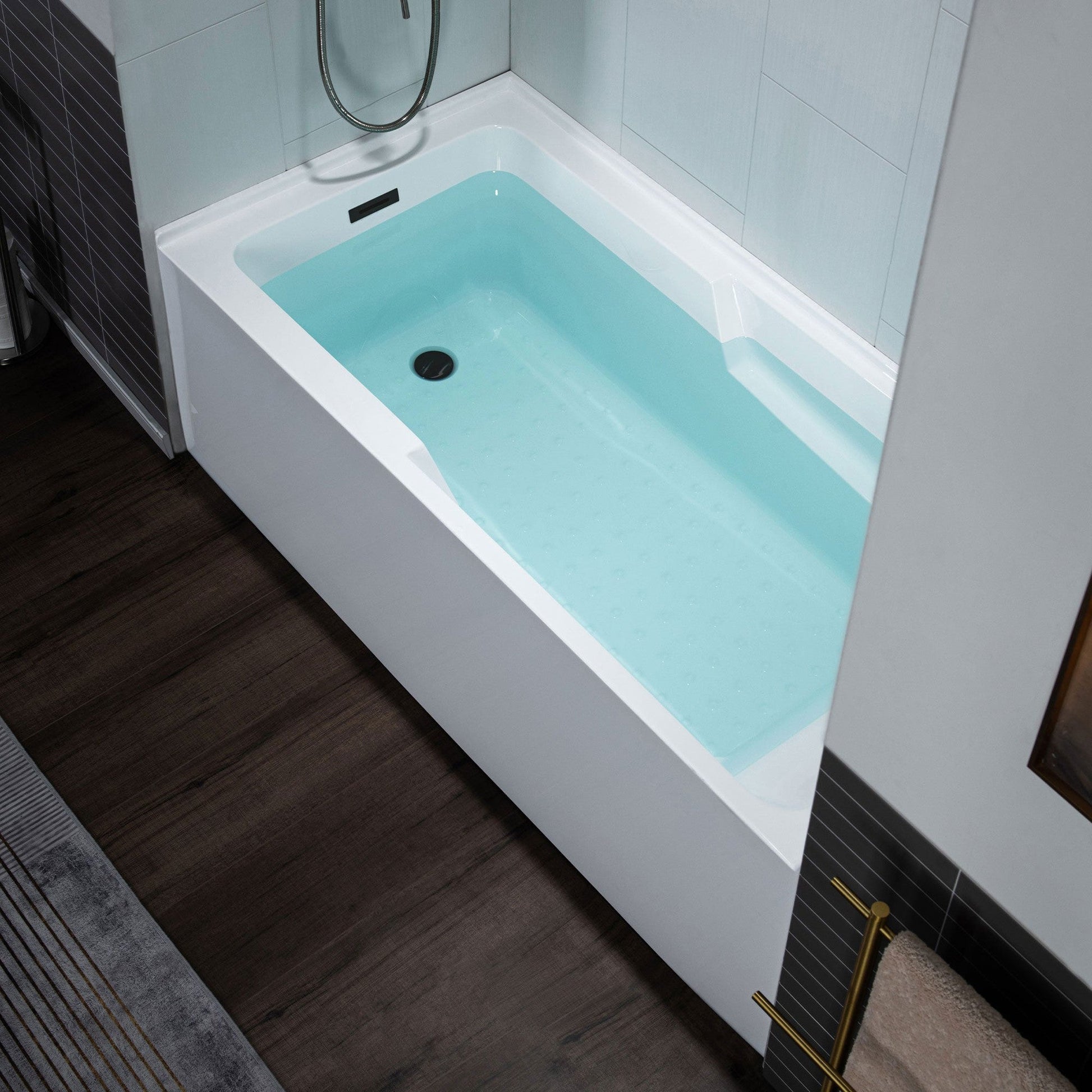 WoodBridge 54" White Acrylic Alcove Rectangular Soaking Bathtub Left Matte Black Pop-up Drain Placement With Clear Tempered Glass Frameless Hinged Shower Tub Door and Matte Gray Staggered Vertical Pattern Shower Wall Kit