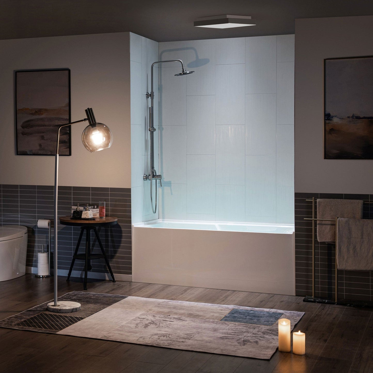 WoodBridge 54" White Acrylic Alcove Rectangular Soaking Bathtub Left Matte Black Pop-up Drain Placement With Clear Tempered Glass Frameless Hinged Shower Tub Door and Matte Gray Staggered Vertical Pattern Shower Wall Kit