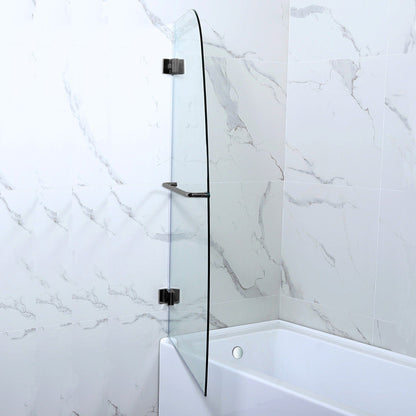 WoodBridge 54" White Acrylic Alcove Rectangular Soaking Bathtub Left Matte Black Pop-up Drain Placement With Clear Tempered Glass Frameless Hinged Shower Tub Door and Matte Gray Staggered Vertical Pattern Shower Wall Kit